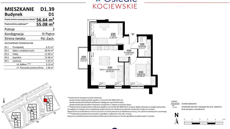 Rzut - Mieszkanie na sprzedaż 3 pokoje o powierzchni 55,08 m² - numer D1.39 w Osiedle Kociewskie etap III