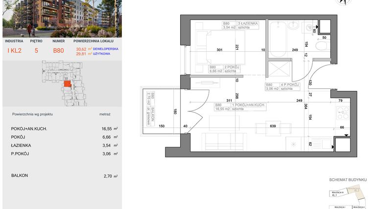Rzut - Mieszkanie na sprzedaż 1 pokój o powierzchni 29,81 m² - numer I-B80 w Industria etap I-B