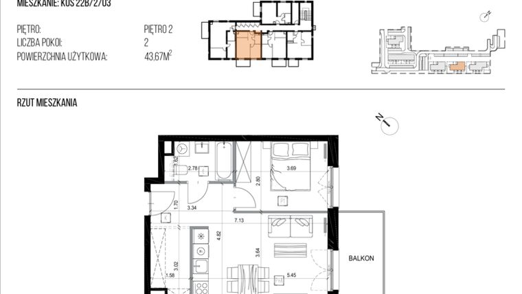 Rzut - Mieszkanie na sprzedaż 2 pokoje o powierzchni 43,87 m² - numer 22B/13 w Osiedle Naturama
