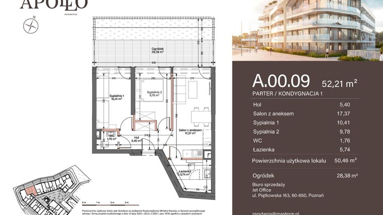 Rzut - Mieszkanie na sprzedaż 2 pokoje o powierzchni 50,46 m² - numer A.0.09 w Apollo Residence