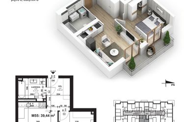 Rzut - Mieszkanie na sprzedaż 2 pokoje o powierzchni 39,44 m² - numer 55 w Piano Park etap V
