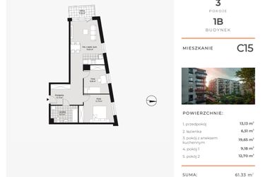 Rzut - Mieszkanie na sprzedaż 3 pokoje o powierzchni 61,33 m² - numer C15 w Na Koszutce