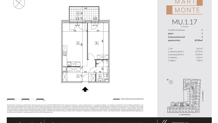 Rzut - Mieszkanie na sprzedaż 2 pokoje o powierzchni 47,93 m² - numer MU.1.17 w Marimonte - apartamenty inwestycyjne