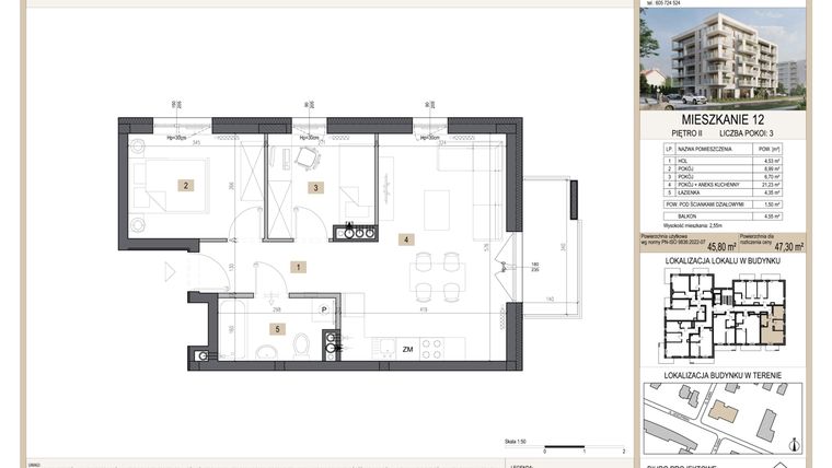 Rzut - Mieszkanie na sprzedaż 3 pokoje o powierzchni 47,3 m² - numer M12 w Nova Leszczyńska