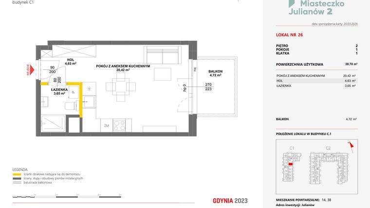 Rzut - Mieszkanie na sprzedaż 1 pokój o powierzchni 28,7 m² - numer 26 w Miasteczko Julianów etap 2