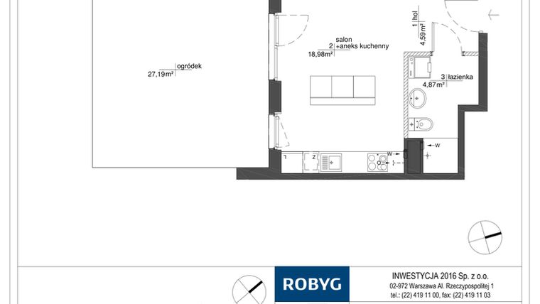 Rzut - Mieszkanie na sprzedaż 1 pokój o powierzchni 28,44 m² - numer RM/2A/D/0/2 w Rytm Mokotowa - etap 2A