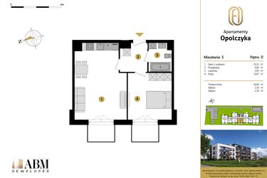 Rzut - Mieszkanie na sprzedaż 2 pokoje o powierzchni 44,65 m² - numer M5 w Apartamenty Opolczyka