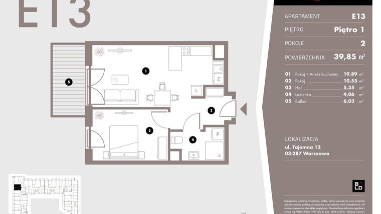 Rzut - Mieszkanie na sprzedaż 2 pokoje o powierzchni 39,85 m² - numer E13 w Livo