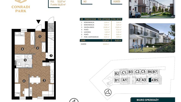 Rzut - Mieszkanie na sprzedaż 3 pokoje o powierzchni 56,91 m² - numer B4.M2 w Conradi Park etap II i III