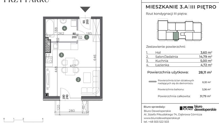 Rzut - Mieszkanie na sprzedaż 1 pokój o powierzchni 28,11 m² - numer 3.A w Willa przy parku