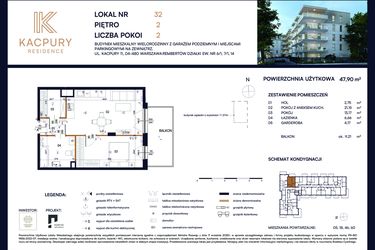 Rzut - Mieszkanie na sprzedaż 2 pokoje o powierzchni 47,9 m² - numer M32 w Kacpury Residence