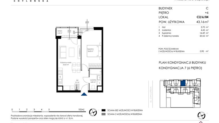 Rzut - Mieszkanie na sprzedaż 2 pokoje o powierzchni 43,16 m² - numer C2/6/04 w Chylońska STO10 etap III