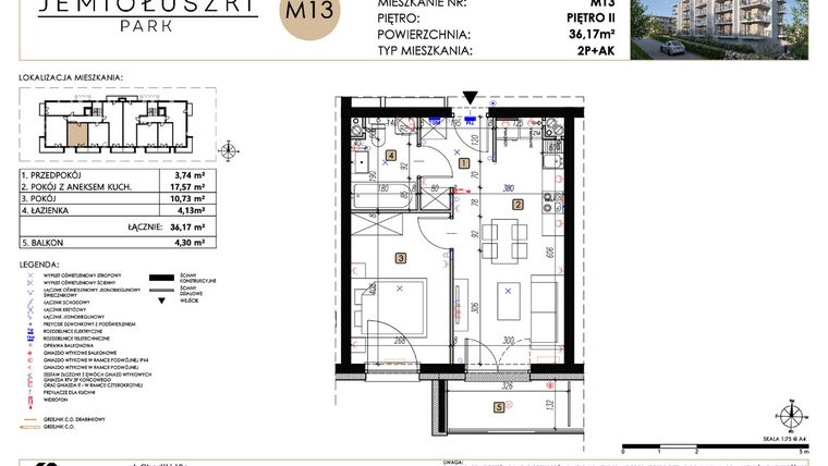 Rzut - Mieszkanie na sprzedaż 2 pokoje o powierzchni 36,17 m² - numer A2_M13 w Jemiołuszki Park etap 2