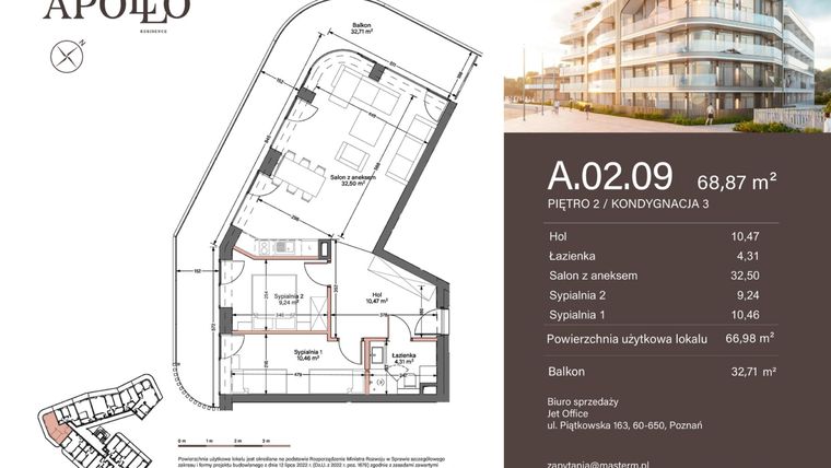 Rzut - Mieszkanie na sprzedaż 3 pokoje o powierzchni 66,98 m² - numer A.2.09 w Apollo Residence