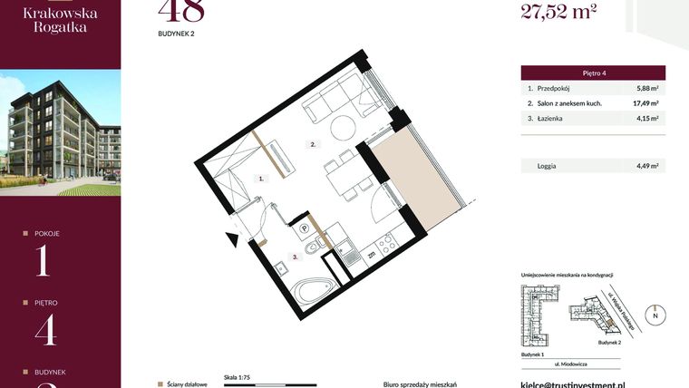 Rzut - Mieszkanie na sprzedaż 1 pokój o powierzchni 27,52 m² - numer 2.M48 w Krakowska Rogatka