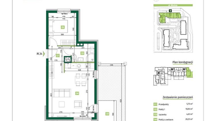 Rzut - Mieszkanie na sprzedaż 2 pokoje o powierzchni 49,49 m² - numer 9.34 w Zielona Przystań