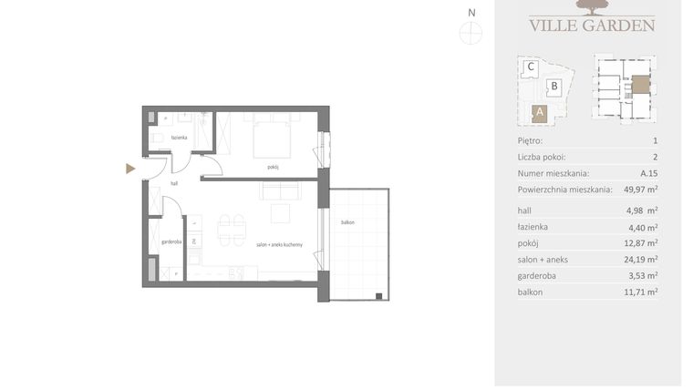 Rzut - Mieszkanie na sprzedaż 2 pokoje o powierzchni 49,97 m² - numer A.15 w Ville Garden