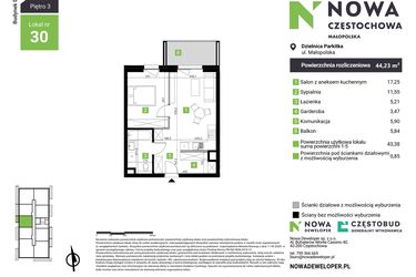 Rzut - Mieszkanie na sprzedaż 2 pokoje o powierzchni 44,23 m² - numer D30 w Nowa Częstochowa Małopolska etap II