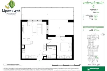 Rzut - Mieszkanie na sprzedaż 2 pokoje o powierzchni 45,91 m² - numer 4A w Lipowa 49A