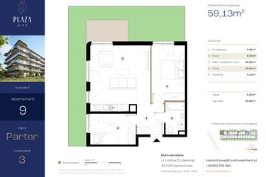 Rzut - Mieszkanie na sprzedaż 3 pokoje o powierzchni 60,17 m² - numer B6M9 w Plaza City