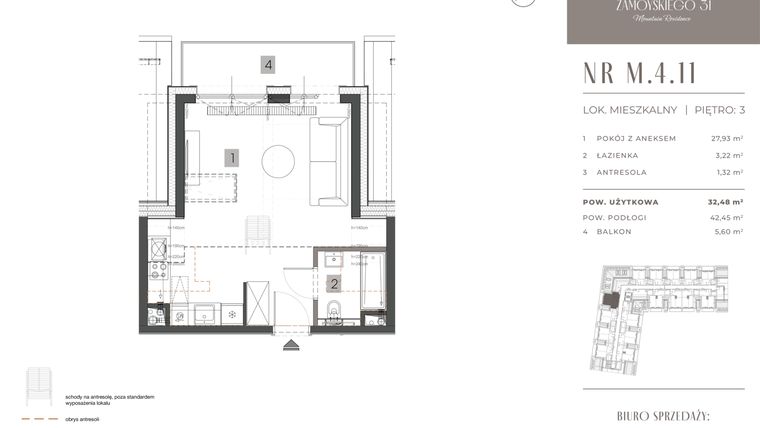 Rzut - Mieszkanie na sprzedaż 1 pokój o powierzchni 32,48 m² - numer M.4.11 w Zamoyskiego 31