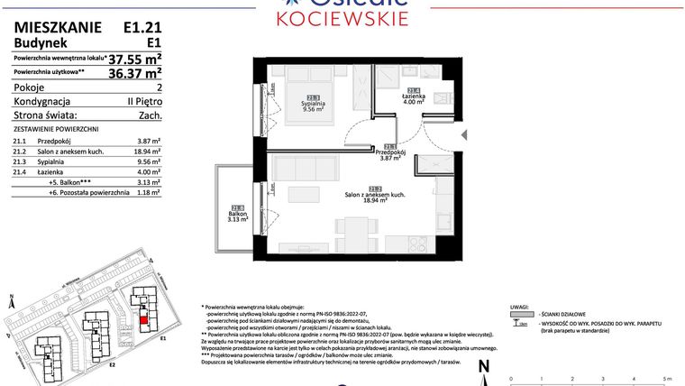Rzut - Mieszkanie na sprzedaż 2 pokoje o powierzchni 36,37 m² - numer E1.21 w Osiedle Kociewskie bud. E