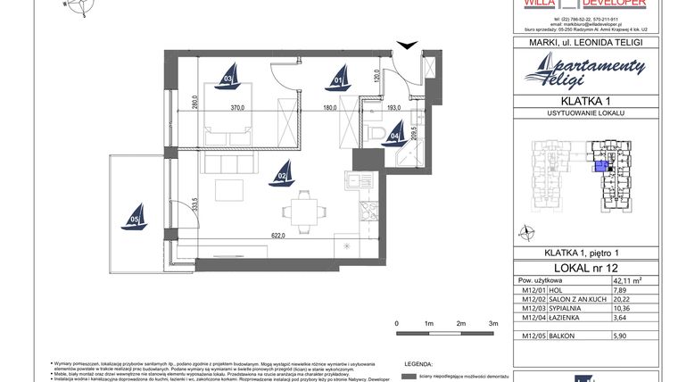 Rzut - Mieszkanie na sprzedaż 2 pokoje o powierzchni 42,11 m² - numer 12 w Apartamenty Teligi