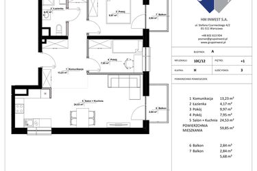 Rzut - Mieszkanie na sprzedaż 3 pokoje o powierzchni 59,85 m² - numer 10C/12 w Jasielska 8C etap II
