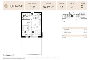 Rzut - Mieszkanie na sprzedaż 2 pokoje o powierzchni 38,49 m² - numer B.25 w Dębowa 45