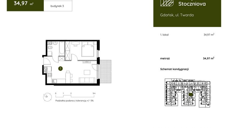 Rzut - Mieszkanie na sprzedaż 1 pokój o powierzchni 34,97 m² - numer 3.D.0.07 w Murapol Stoczniova