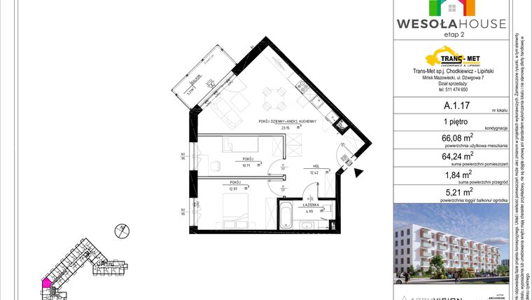 Rzut - Mieszkanie na sprzedaż 3 pokoje o powierzchni 64,24 m² - numer A.1.17 w Wesoła House Etap II