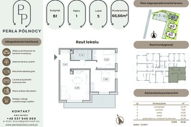 Rzut - Mieszkanie na sprzedaż 3 pokoje o powierzchni 66,66 m² - numer B1.1_5 w Perła Północy etap 2