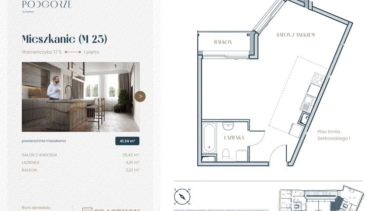 Rzut - Mieszkanie na sprzedaż 1 pokój o powierzchni 41,24 m² - numer M.25 w Stare Podgórze