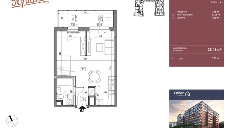 Rzut - Mieszkanie na sprzedaż 1 pokój o powierzchni 39,41 m² - numer G1/52 w Goplana budynek G