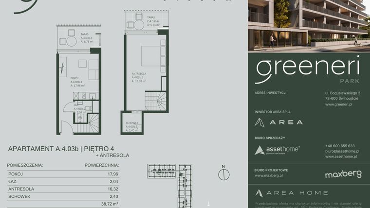 Rzut - Mieszkanie na sprzedaż 2 pokoje o powierzchni 38,72 m² - numer A.4.03b w Greeneri Park