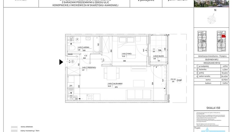 Rzut - Mieszkanie na sprzedaż 2 pokoje o powierzchni 43,92 m² - numer M-52 w Apartamenty Konopnickiej