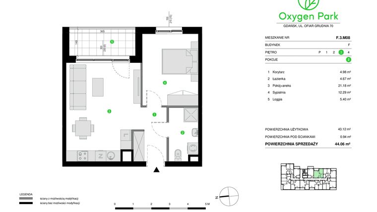 Rzut - Mieszkanie na sprzedaż 2 pokoje o powierzchni 43,12 m² - numer F.3.M08 w Oxygen Park etap III