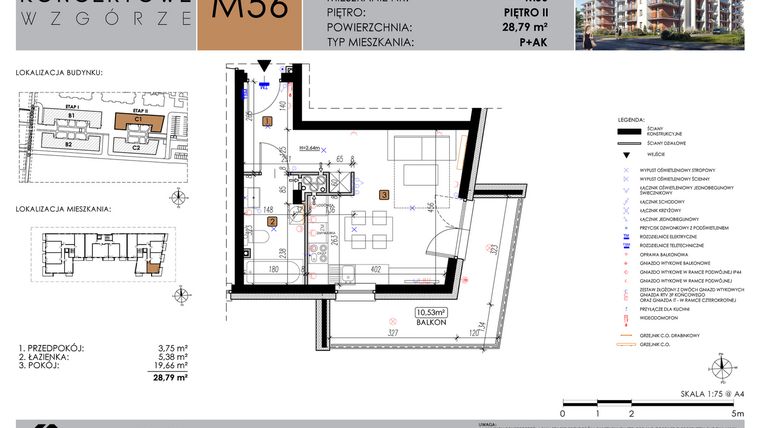 Rzut - Mieszkanie na sprzedaż 1 pokój o powierzchni 28,79 m² - numer C1_M56 w Koncertowe Wzgórze etap II