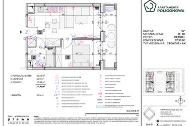 Rzut - Mieszkanie na sprzedaż 2 pokoje o powierzchni 37,3 m² - numer 28 w Apartamenty Poligonowa etap 5