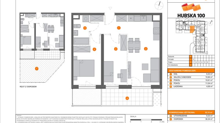 Rzut - Mieszkanie na sprzedaż 3 pokoje o powierzchni 52,1 m² - numer B.5 w Hubska 100