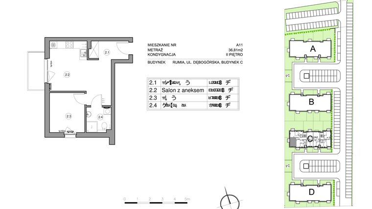 Rzut - Mieszkanie na sprzedaż 2 pokoje o powierzchni 37 m² - numer CA11 w Osiedle Nowe Janowo