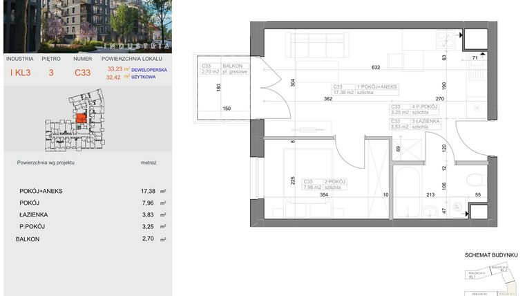 Rzut - Mieszkanie na sprzedaż 1 pokój o powierzchni 32,42 m² - numer I-C33 w Industria etap I-D