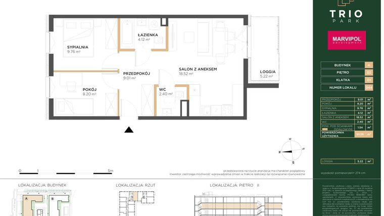 Rzut - Mieszkanie na sprzedaż 3 pokoje o powierzchni 53,55 m² - numer A044 w Trio Park