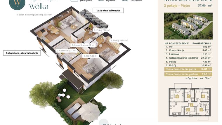 Rzut - Mieszkanie na sprzedaż 3 pokoje o powierzchni 57,66 m² - numer C2/2 w Spokojna Wólka etap IV