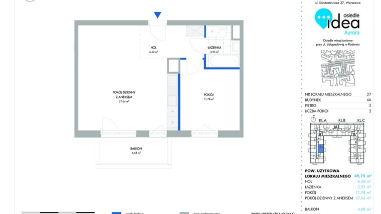 Rzut - Mieszkanie na sprzedaż 2 pokoje o powierzchni 49,85 m² - numer 27.4A w Osiedle Idea Aurora