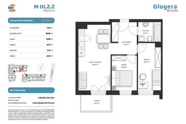 Rzut - Mieszkanie na sprzedaż 3 pokoje o powierzchni 48,46 m² - numer M III.2.2 w Glogera Bricks