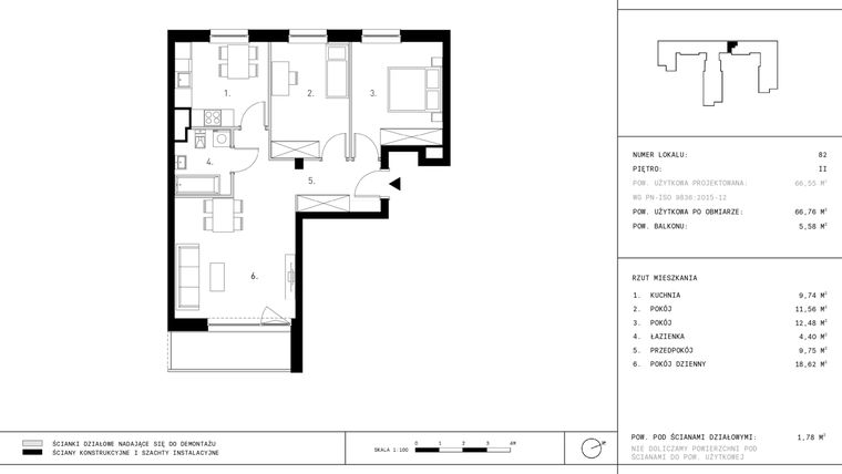 Rzut - Mieszkanie na sprzedaż 3 pokoje o powierzchni 66,76 m² - numer 2.A14 w Staszica 3