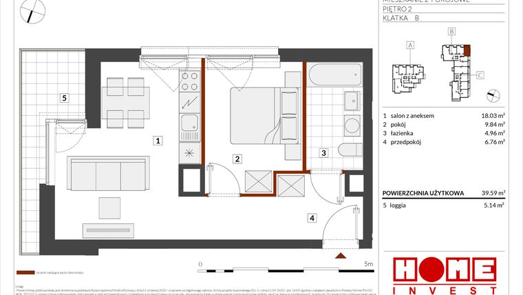 Rzut - Mieszkanie na sprzedaż 2 pokoje o powierzchni 39,59 m² - numer B2-B084 w Warszawski Świt etap IX