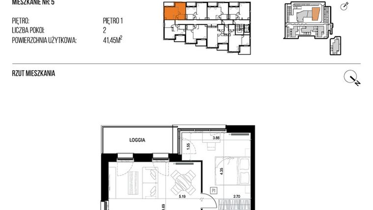 Rzut - Mieszkanie na sprzedaż 2 pokoje o powierzchni 41,45 m² - numer 22K/05 w NATURAMA II