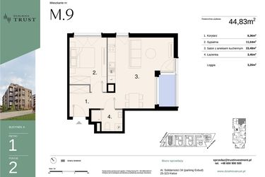 Rzut - Mieszkanie na sprzedaż 2 pokoje o powierzchni 44,83 m² - numer A - M.9 w Dzielnica Trust